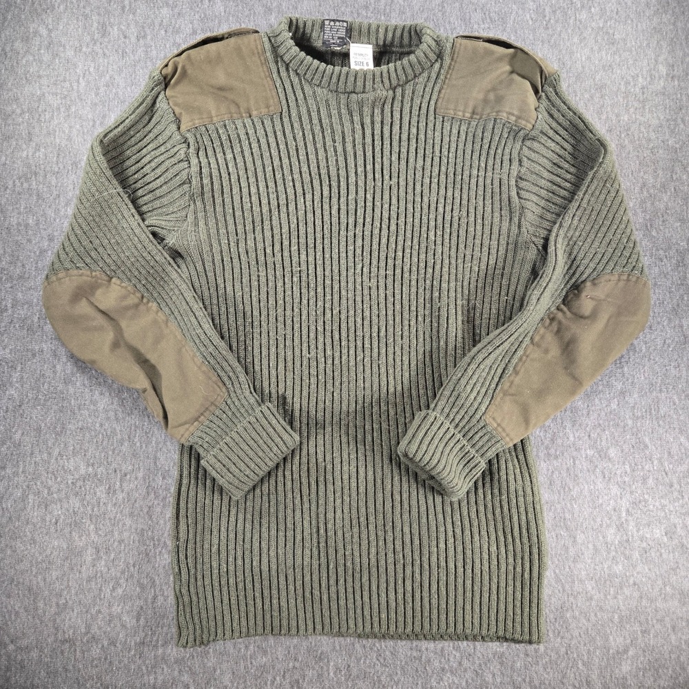 Vintage Military Commando Sweater Mens Size 6 Green Wool Ribbed Elbow Patches
